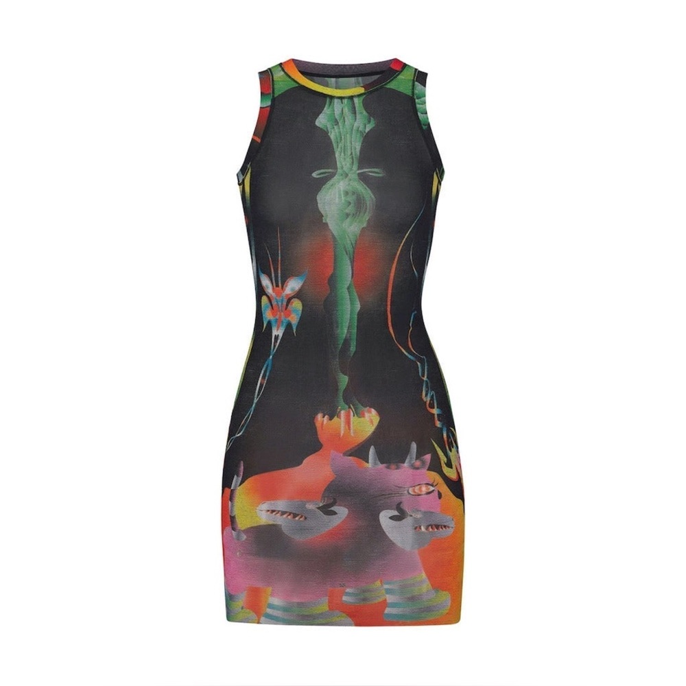 NWT SKIMS Obsidian Firpal Print Summer Mesh High Neck Tank Dress, Size SMALL